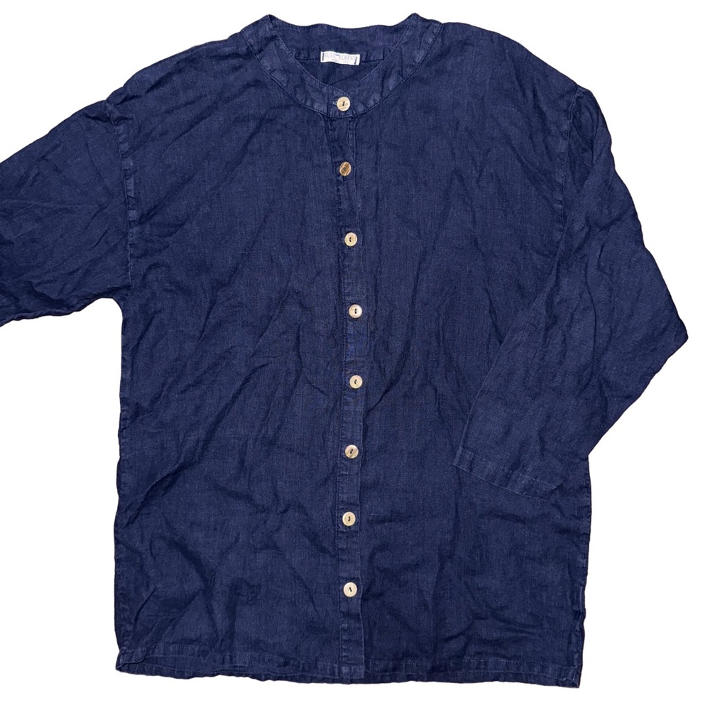 Russ Berens 100% Linen Navy Button Up Tunic Lagenlook Cottagecore Minimalist